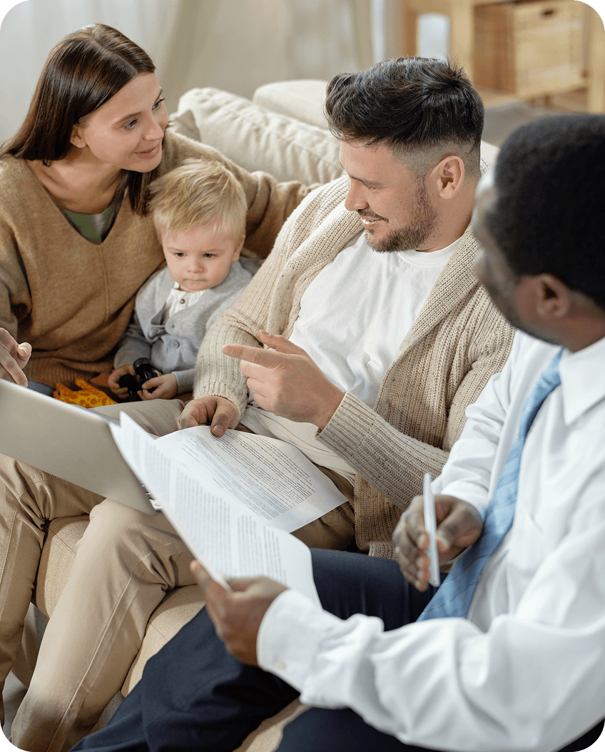 cheerful family with black man discussing home