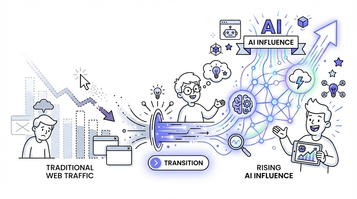 An illustration showing a visual shift from a declining, fragmented graph representing traditional web traffic on the left to a vibrant, rising, abstract network symbolizing AI influence on the right, connected by a glowing transition zone.