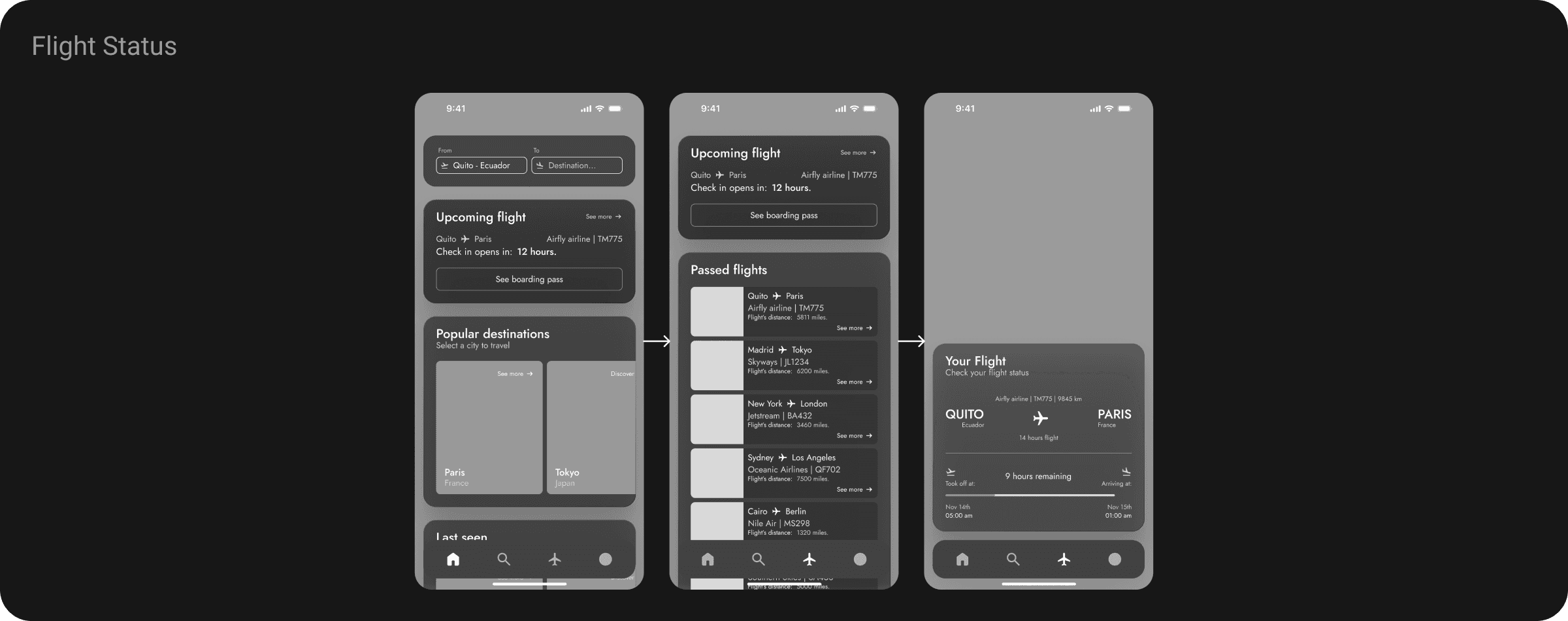 Travel app flight status flow showing upcoming flights and real-time flight tracking.