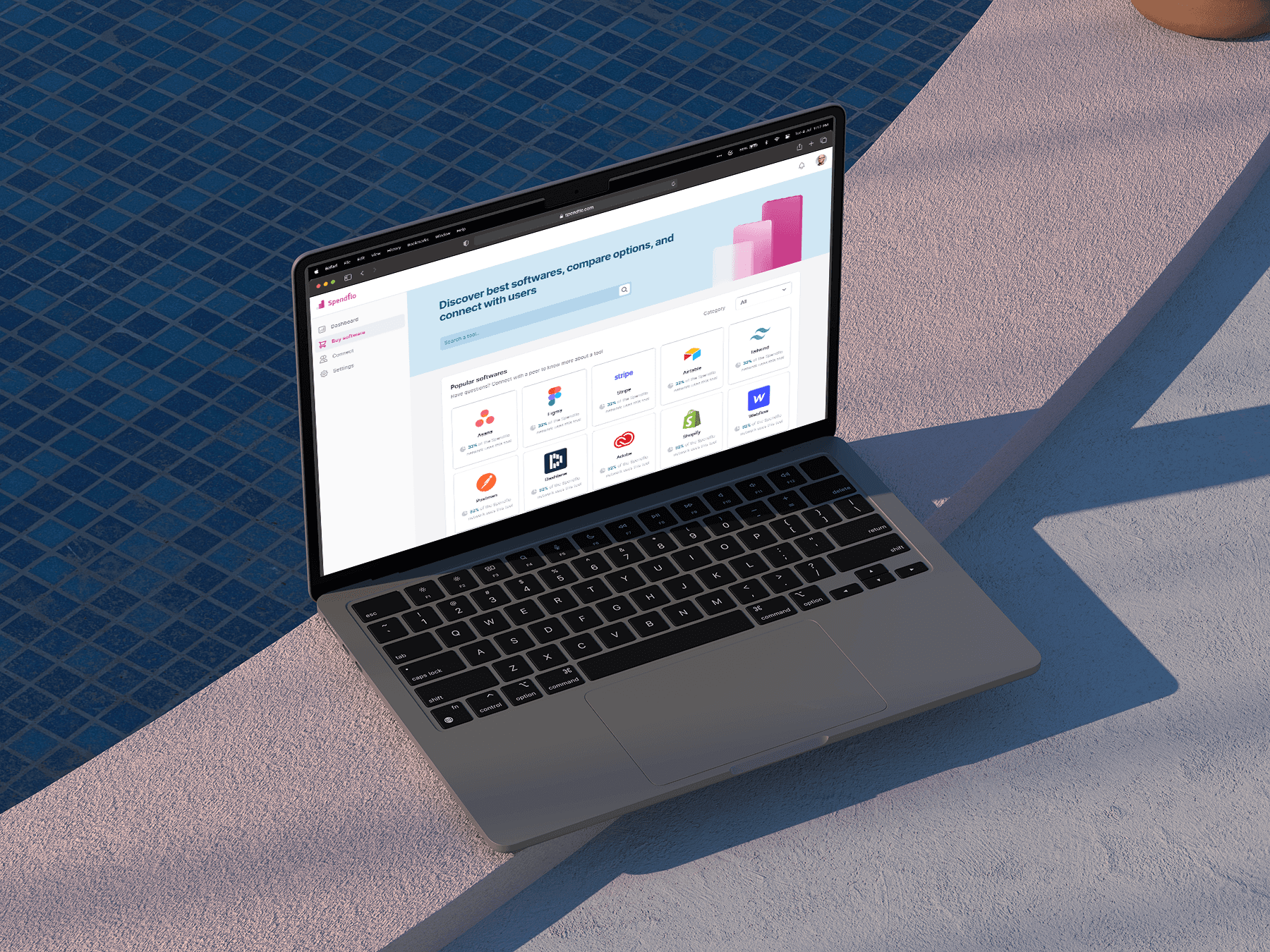 Spendflo homepage UI with colorful icons and modules of tools displayed 