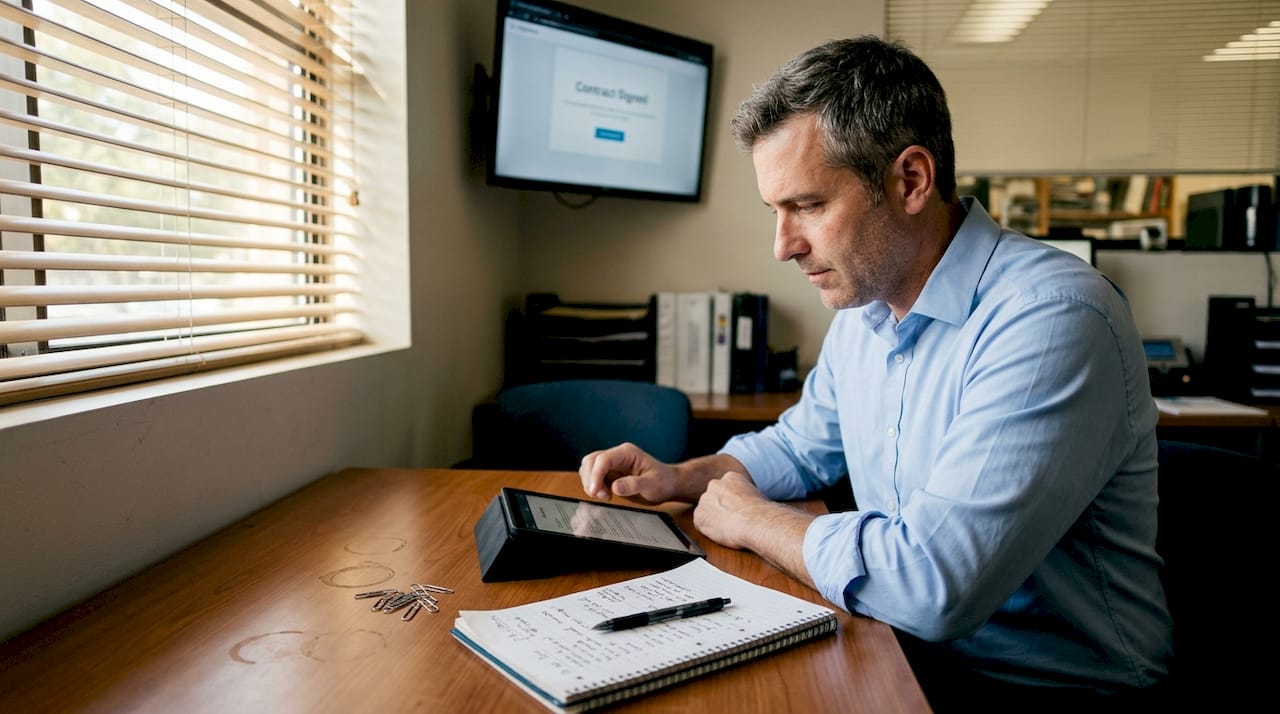 Man finalizing contract signing on a tablet