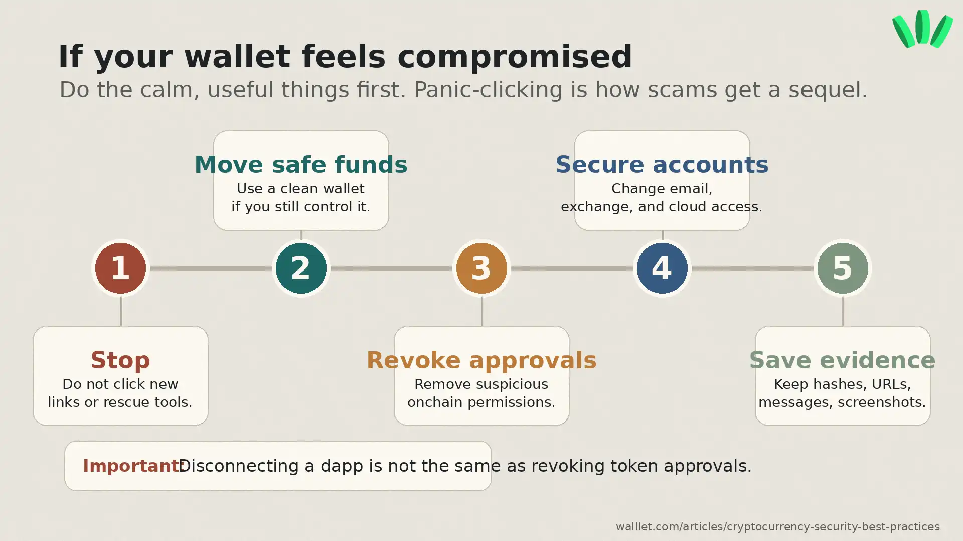 Compromised crypto wallet response flow showing stop, move funds, revoke approvals, secure accounts, and save evidence