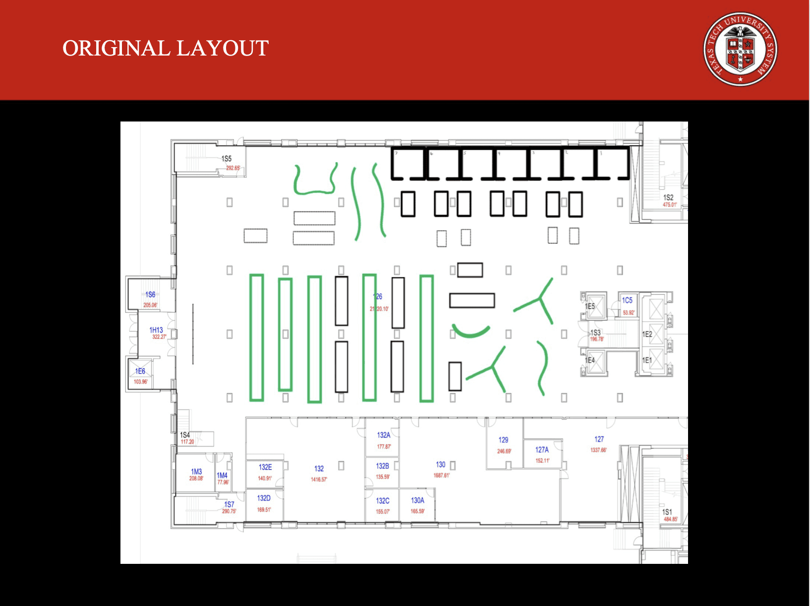 Original layout of the first floor study spaces.