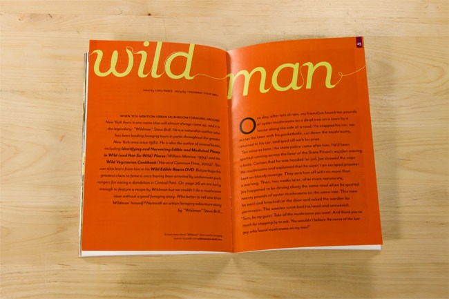 The image shows an open book with an orange cover and a white spine, resting on a light wooden surface. The title "wild man" is prominently displayed in yellow cursive text across the top of the page. Black text fills the pages below, with some words highlighted in bold. The page numbers "25" are visible in the top right corner. The book appears to be an art or photo book with text that tells a story, though the specific narrative is not fully clear from the image alone.