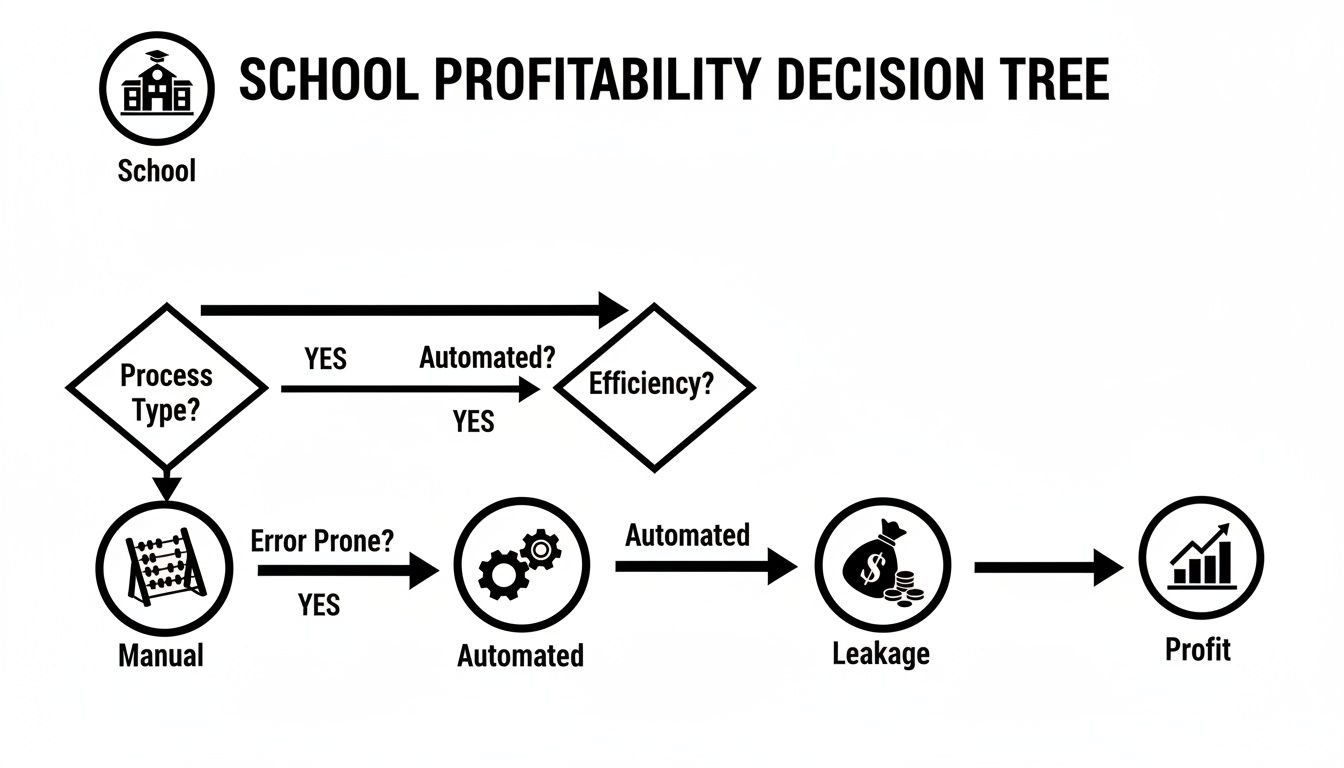 Decision tree diagram illustrating school profitability based on process type, automation, and efficiency.