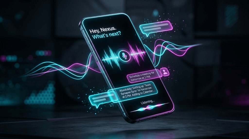 Floating mobile and web UI dashboards connected by an AI neural network, showcasing future predictive UX design trends utilized by Artonest Design Studio.