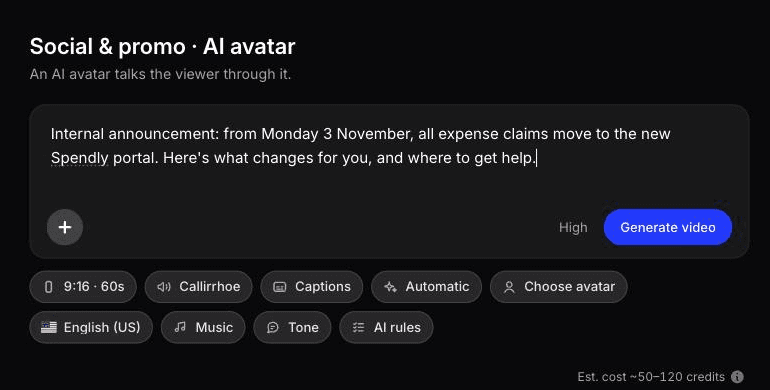 Social & promo, AI avatar with an internal announcement script pasted into the prompt