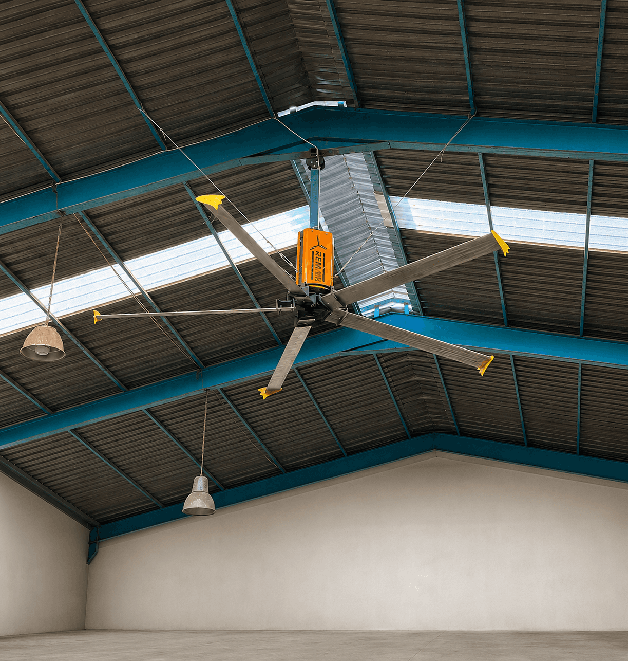 Industrial hall install — guy-wire bracing