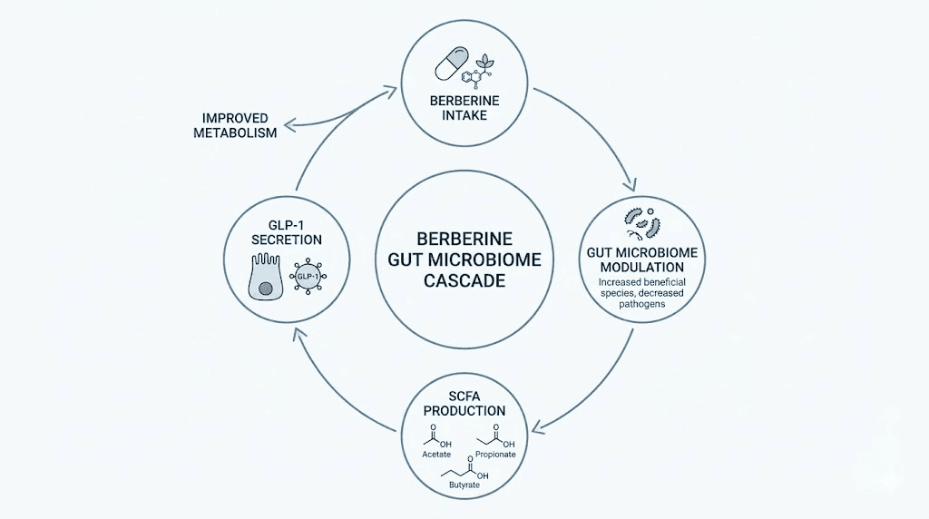 Berberine gut microbiome SCFA GLP-1 secretion cascade diagram