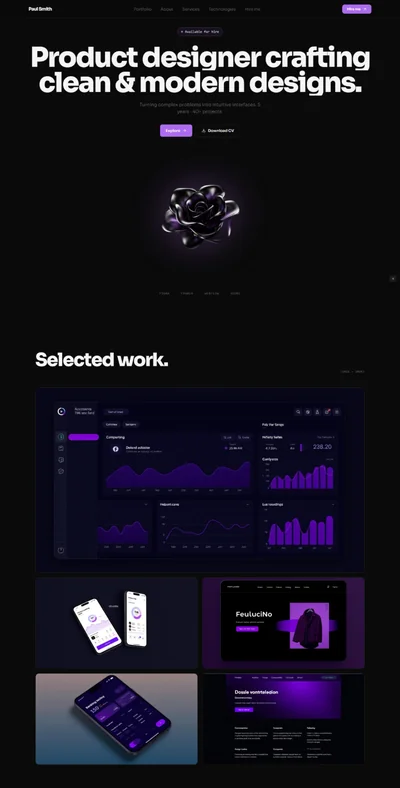 Designer portfolio website prompt — near-black and purple floating 3D object product designer portfolio design preview
