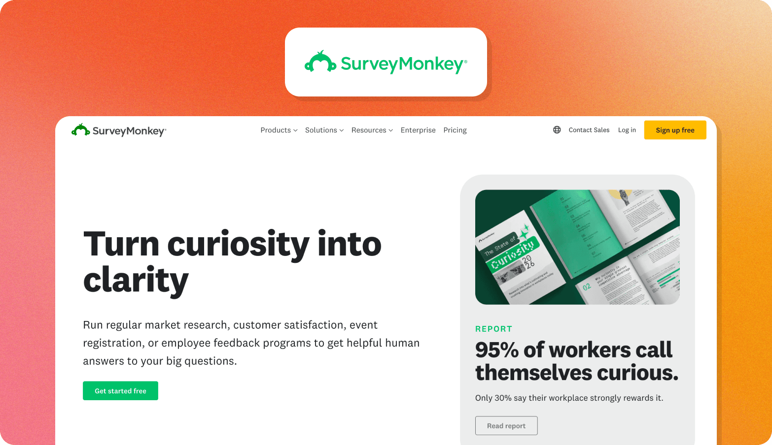Screenshot of the SurveyMonkey website homepage with the headline "Turn curiosity into clarity," alongside a report titled "95% of workers call themselves curious."