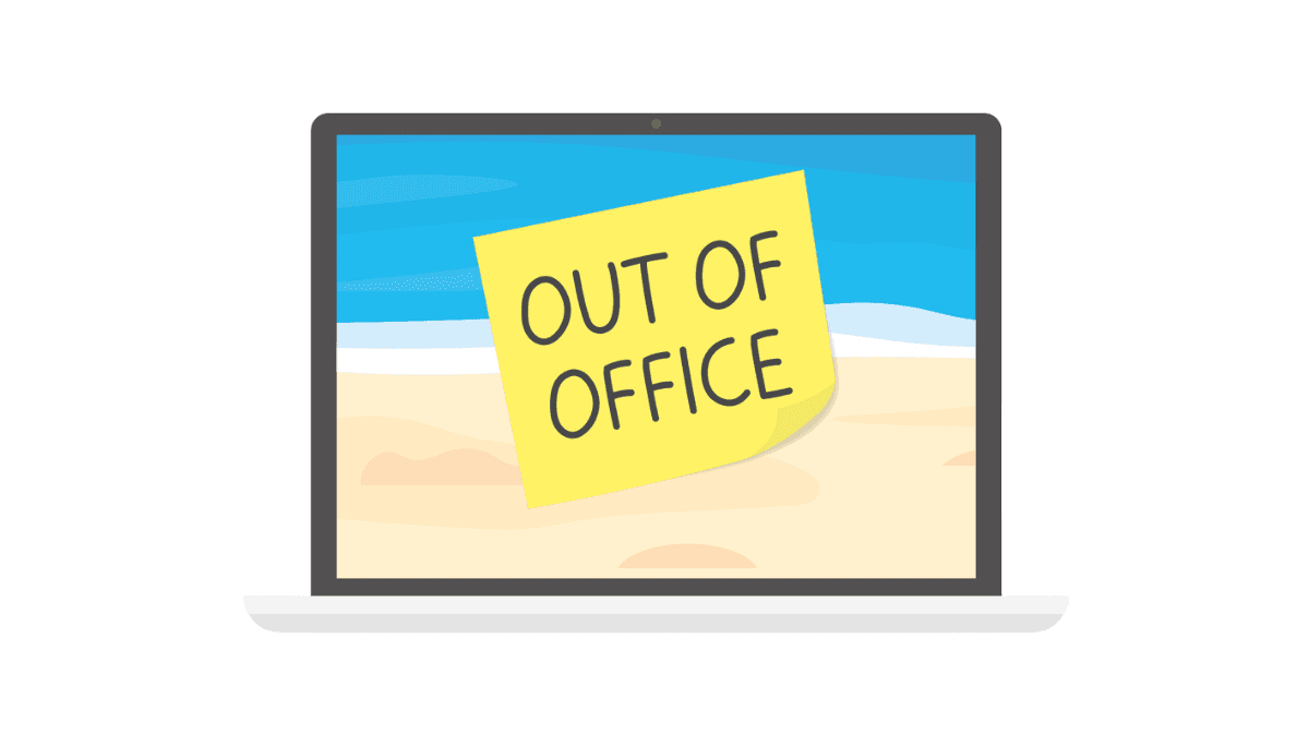 Illustration of a laptop displaying a beach scene with a sticky note reading 'OUT OF OFFICE'.