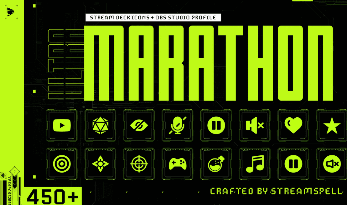 Neon green Marathon-themed Stream Deck icons and OBS Studio profile by StreamSpell, featuring 500+ sci-fi HUD-style control buttons for Twitch and OBS creators.