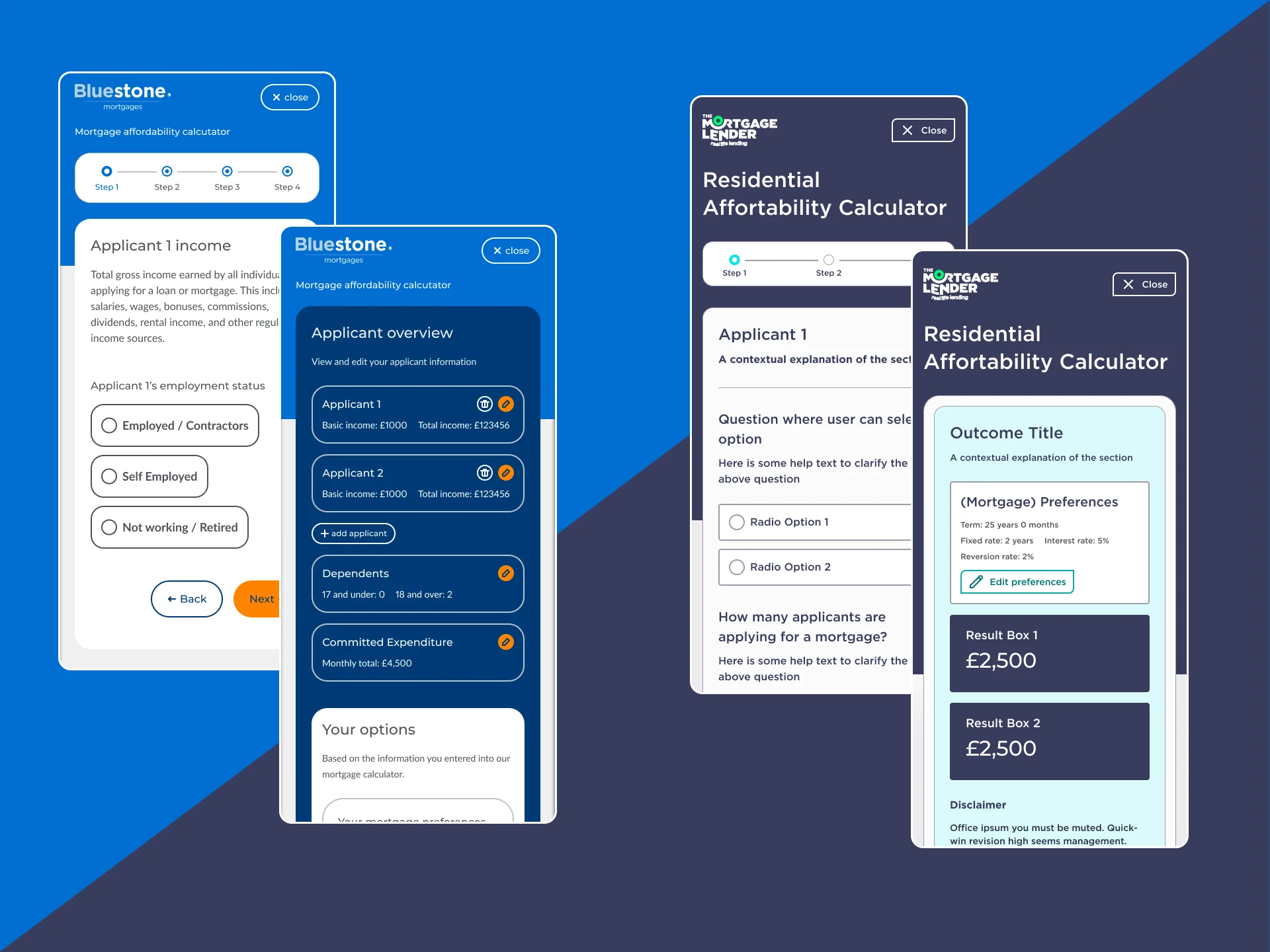 Shawbrook Bank website redesign by Cogworks - different views of calculators from sub brands built within the existing design system