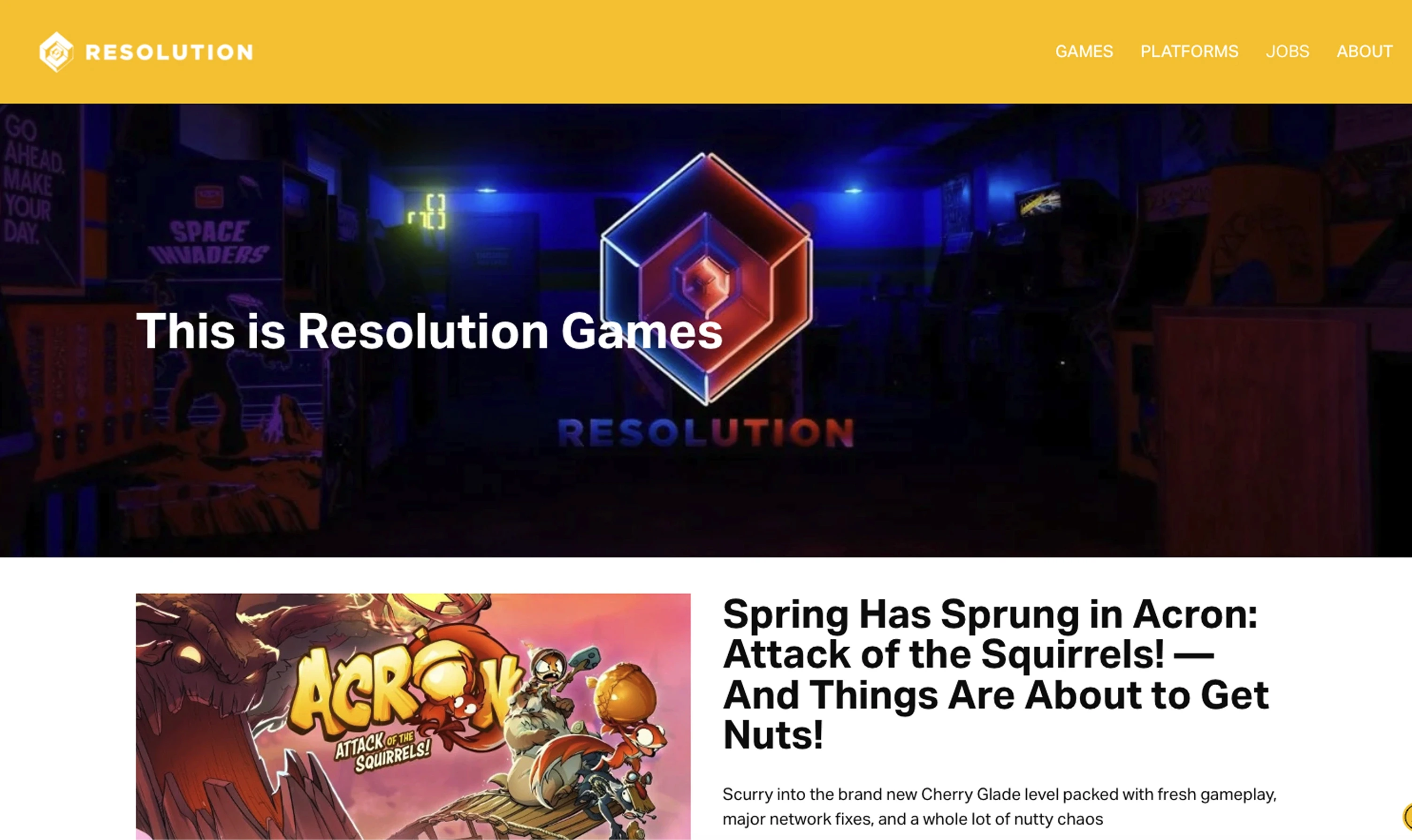 Resolution Games website homepage showing the studio logo and Acron: Attack of the Squirrels game, an Apple Vision Pro and XR game developer based in Stockholm
