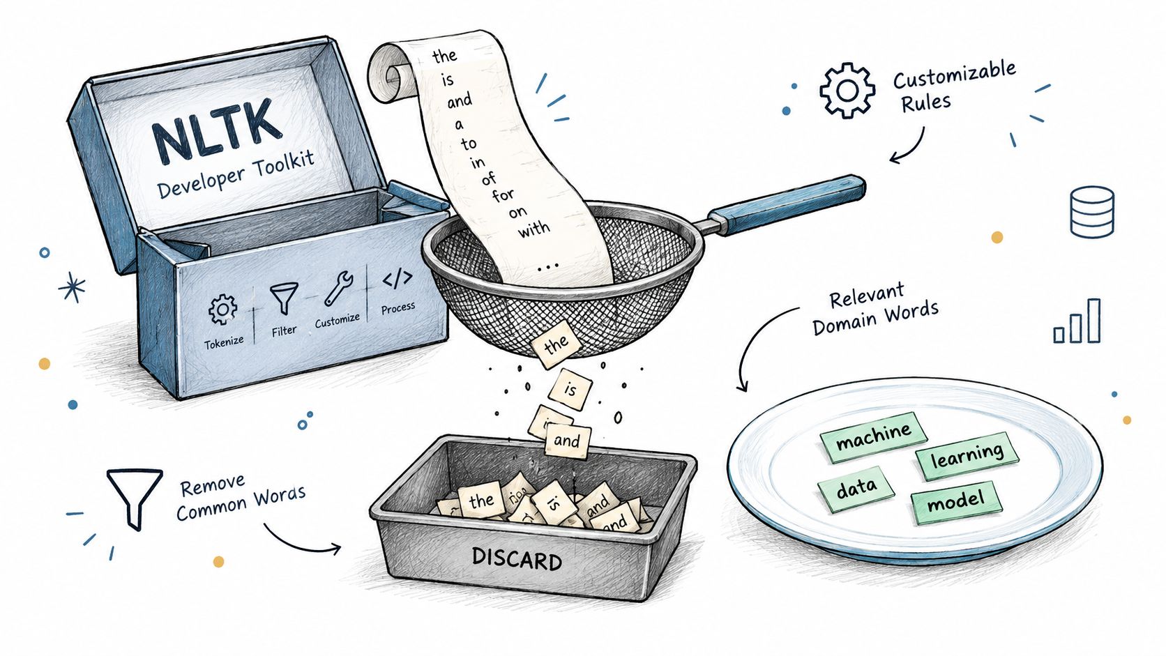 An illustration showing NLTK toolkit processing text to filter out common stop words into a discard bin.