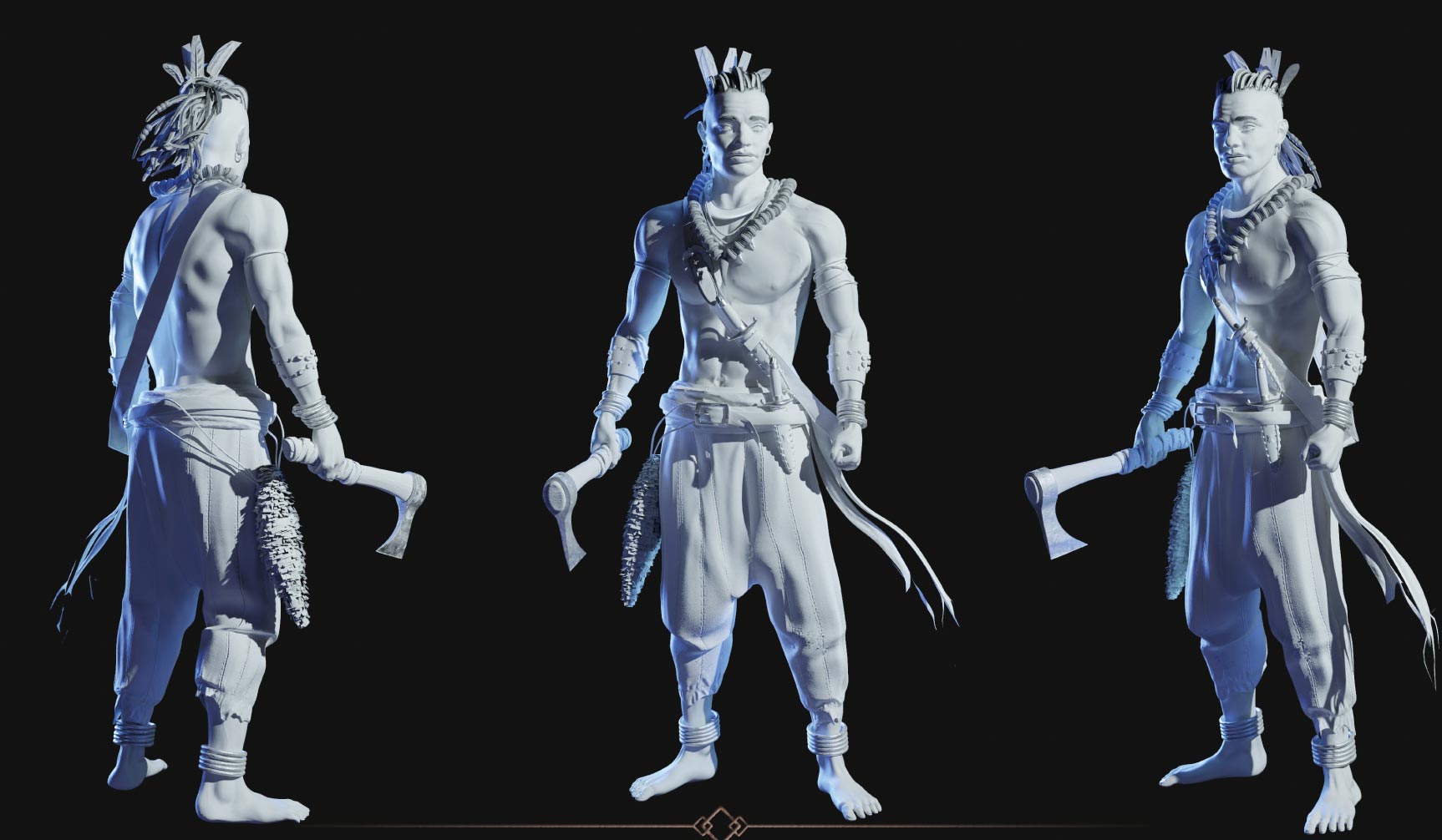 Modelowanie 3d postaci wojownika w widoku turntable. Render clay prezentujący anatomię oraz detale rzeźby cyfrowej brand hero. Projektowanie postaci do animacji i gier.