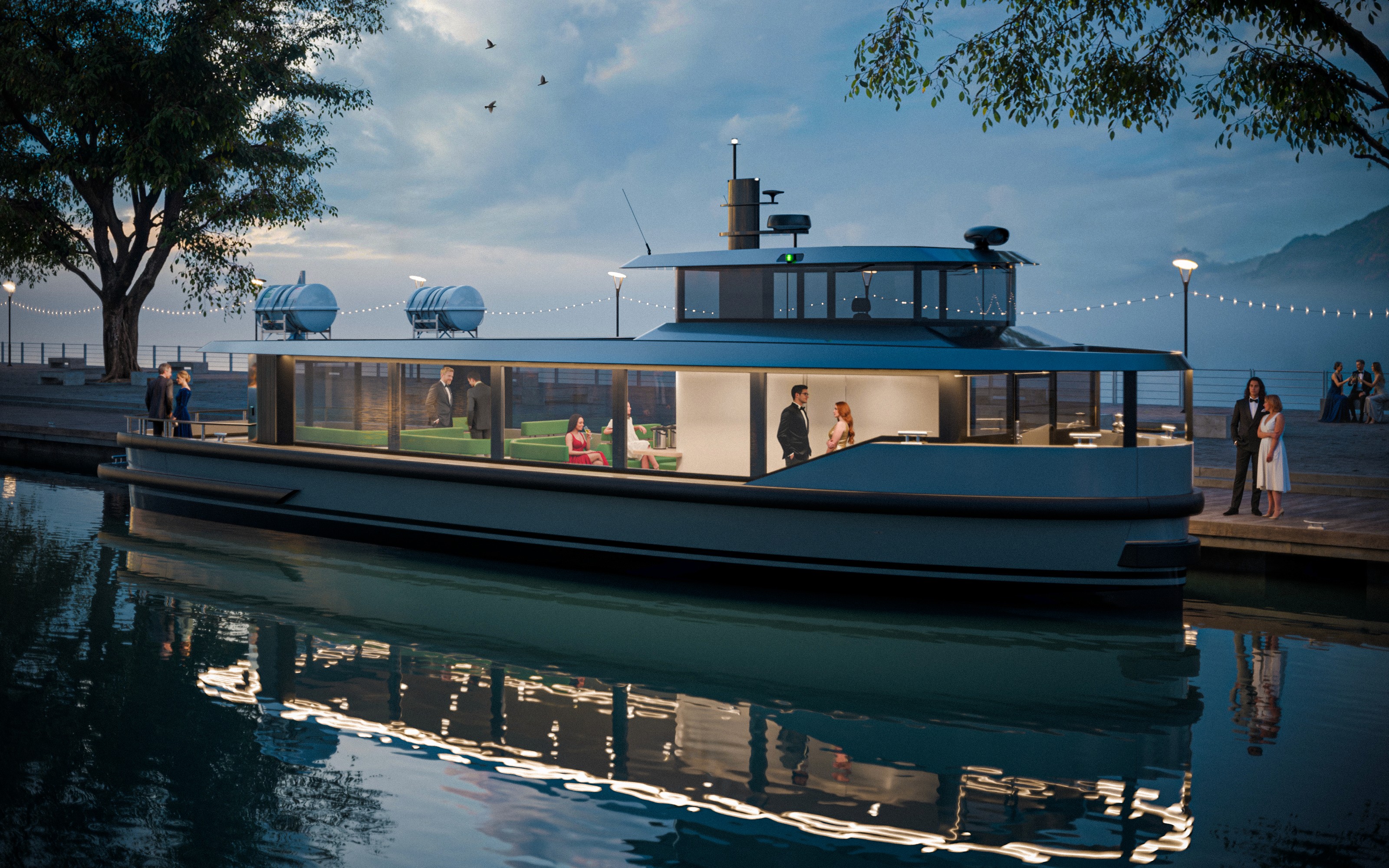 A 3D rendering of a luxury ferry docked at pier