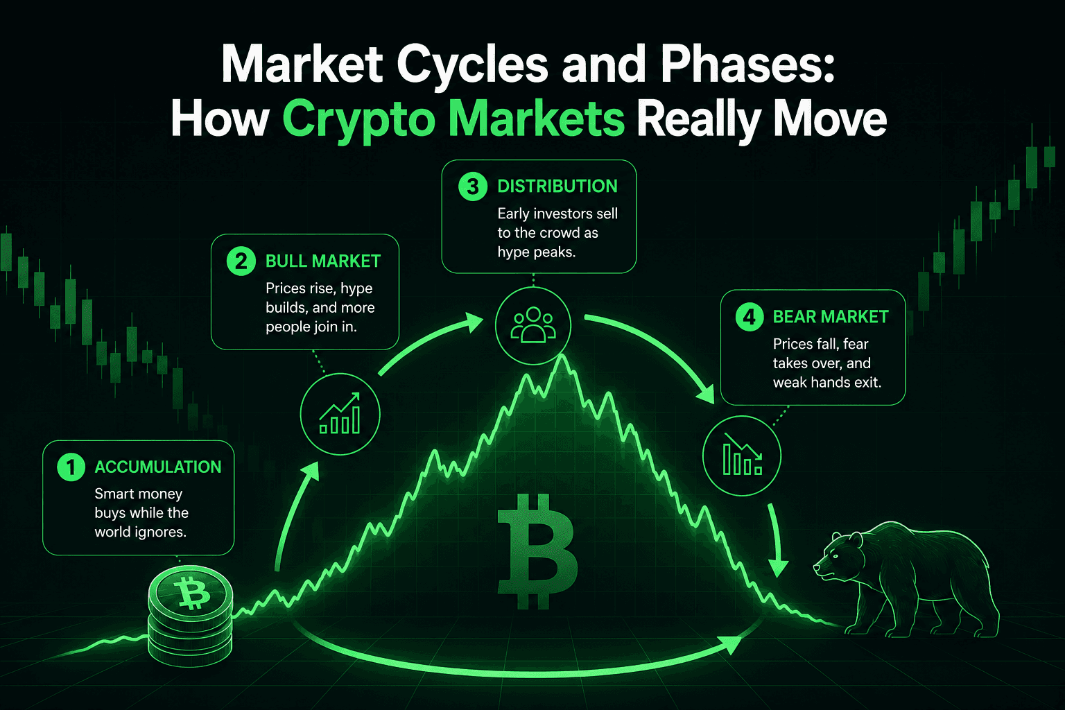 Illustration showing the four phases of the crypto market cycle: accumulation, bull market, distribution, and bear market in 10bit's green branding.