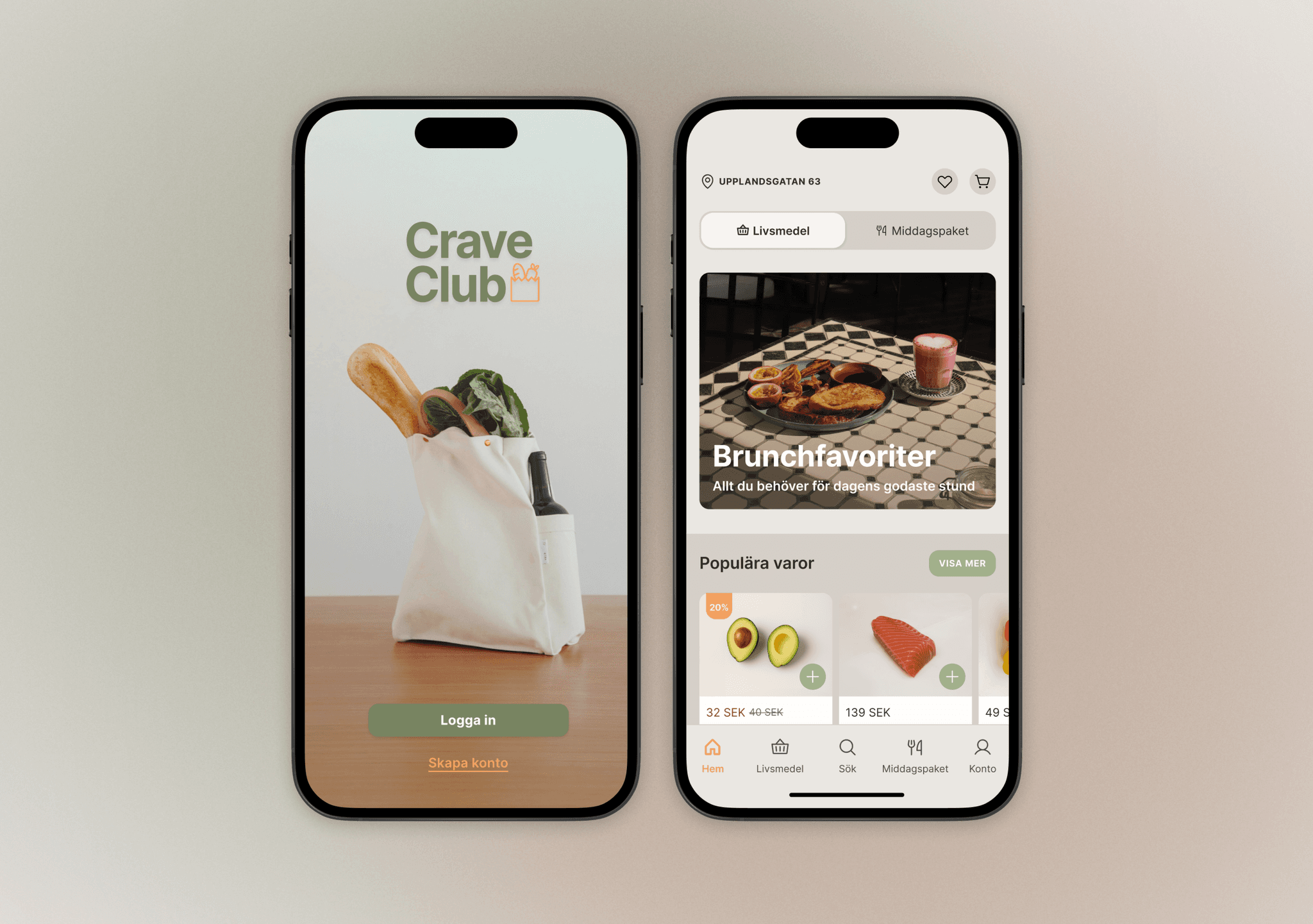 Two mobile screens from the Crave Club grocery app showing the login page with a tote bag of groceries and the home screen featuring brunch favourites and popular items