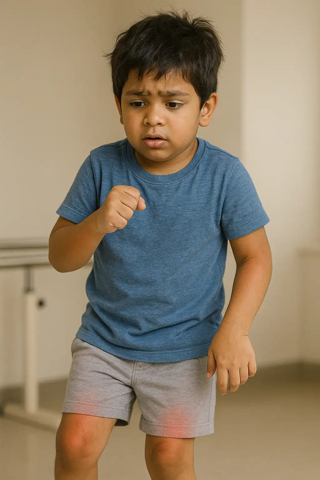 A young boy walking with visible knee tightness and discomfort, with red highlights indicating muscle spasticity typical of spastic cerebral palsy.