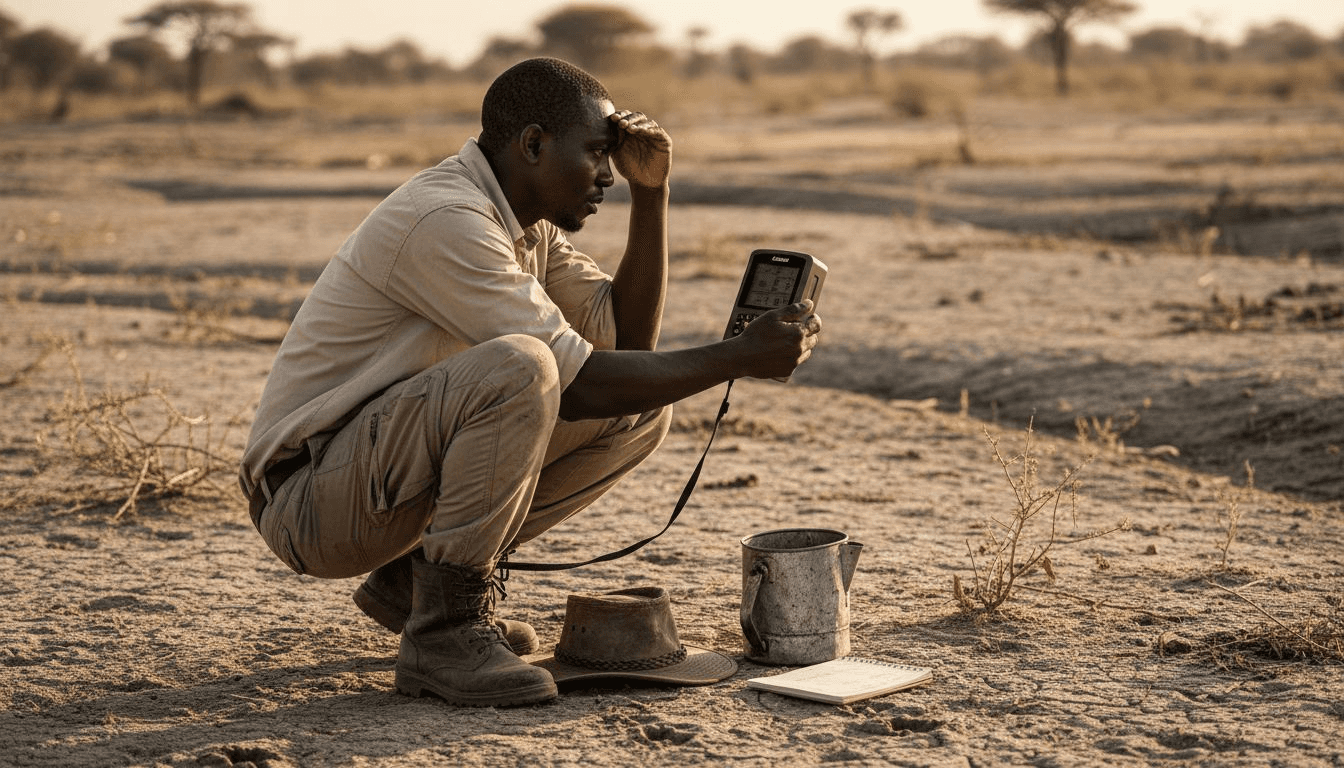Un guide namibien surveille les conditions météorologiques près d’un lit de rivière asséché.