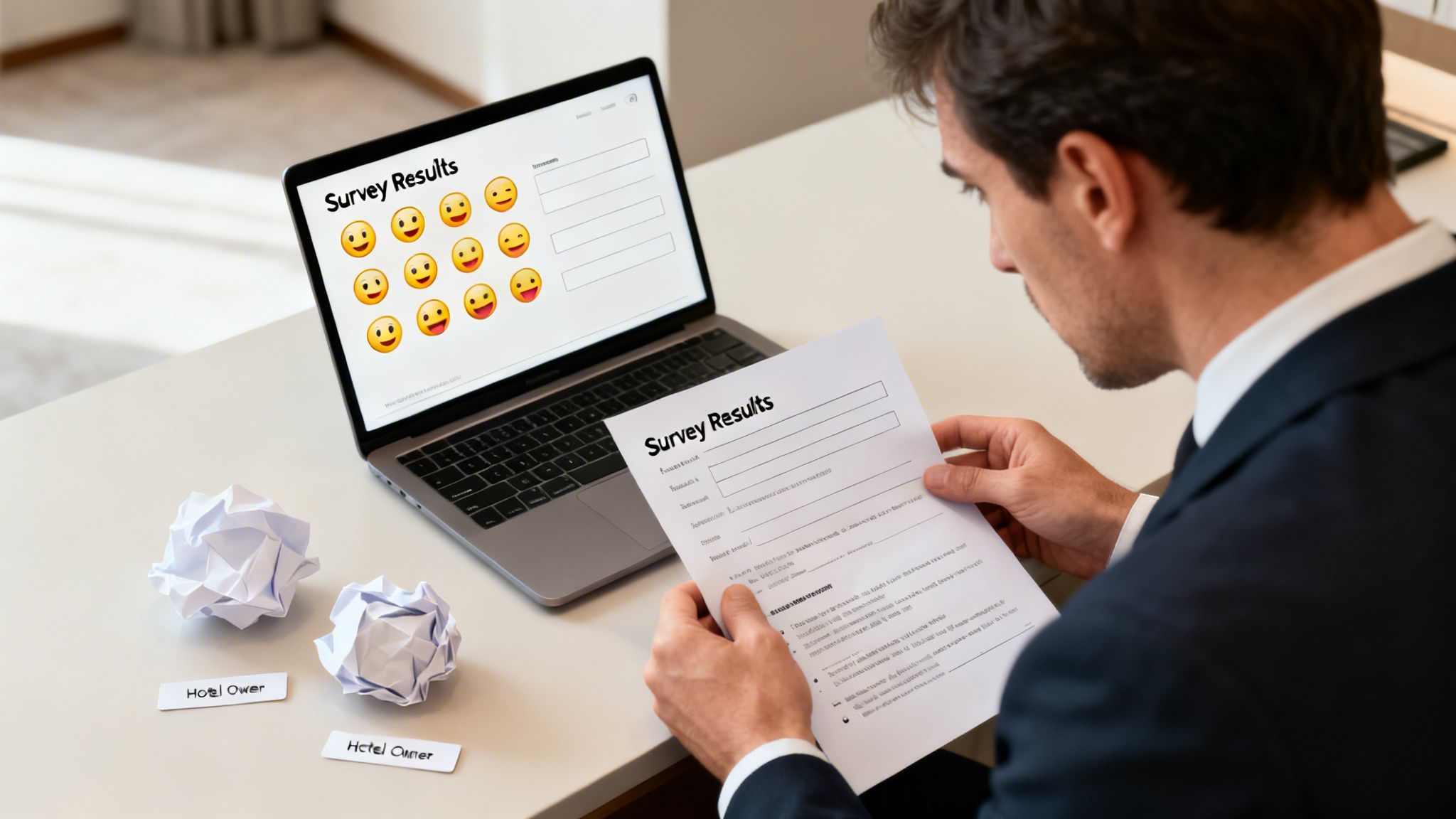 A man in a suit reviews survey results on a laptop and paper, with crumpled notes.