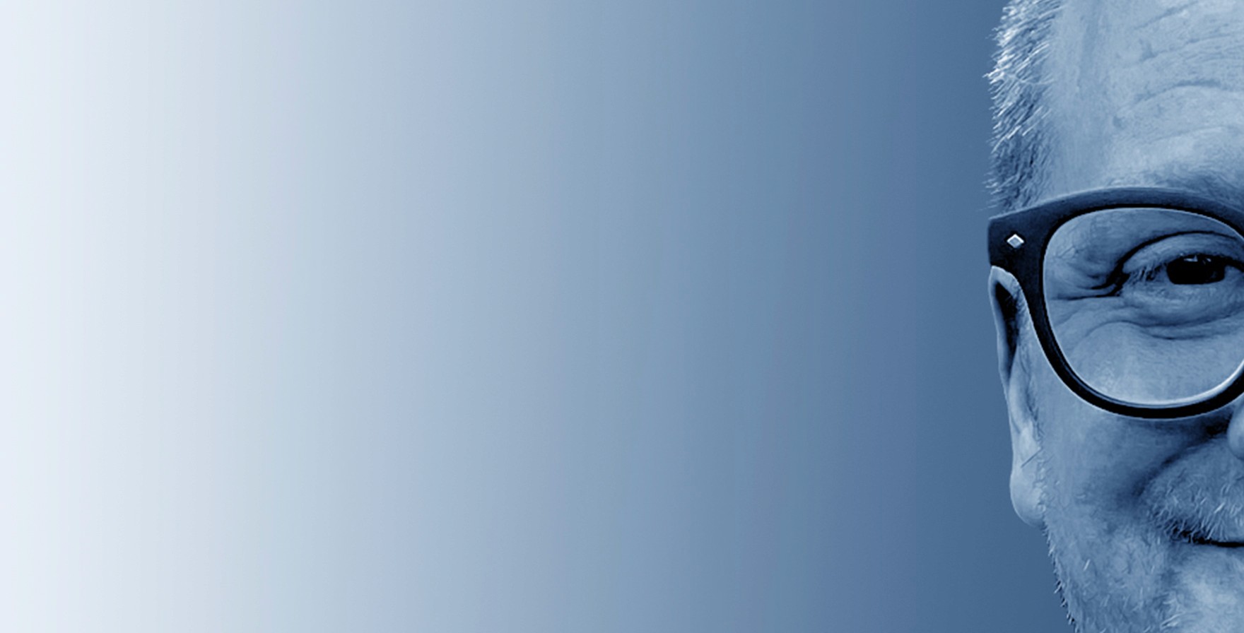 Grayscale close-up portrait of Jeremy J. McLean, Senior UX, Visual, and Motion Designer, featured in hero banner with gradient blue background.