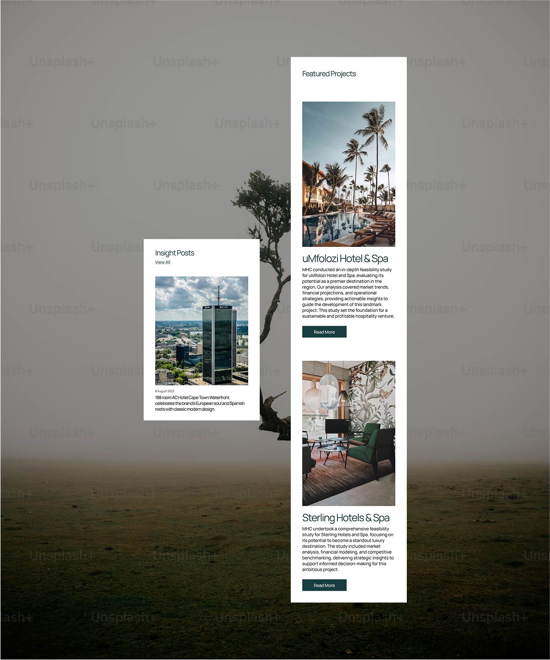 Mobile view of two website sections, with a tree in the background, showcasing responsive and consistent design