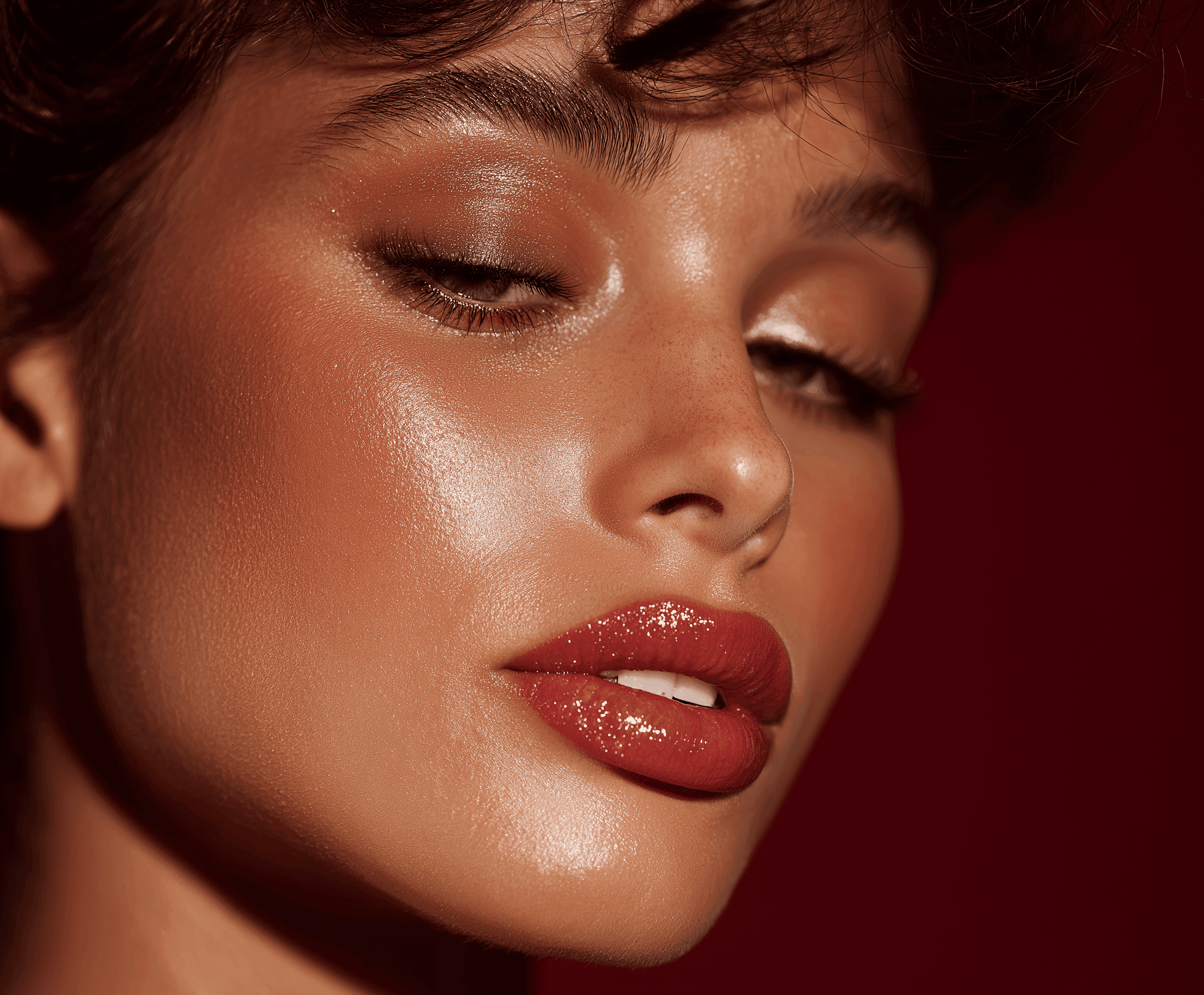 Woman with glowing skin and red lipstick, eyes half-closed