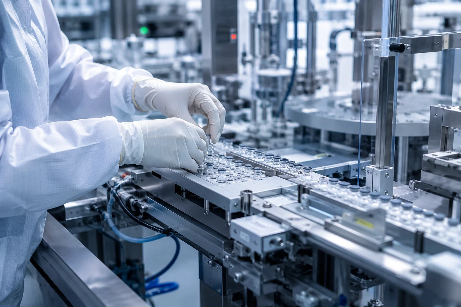 Automated cleanroom vial assembly line representing precision, automation and technology-enabled manufacturing