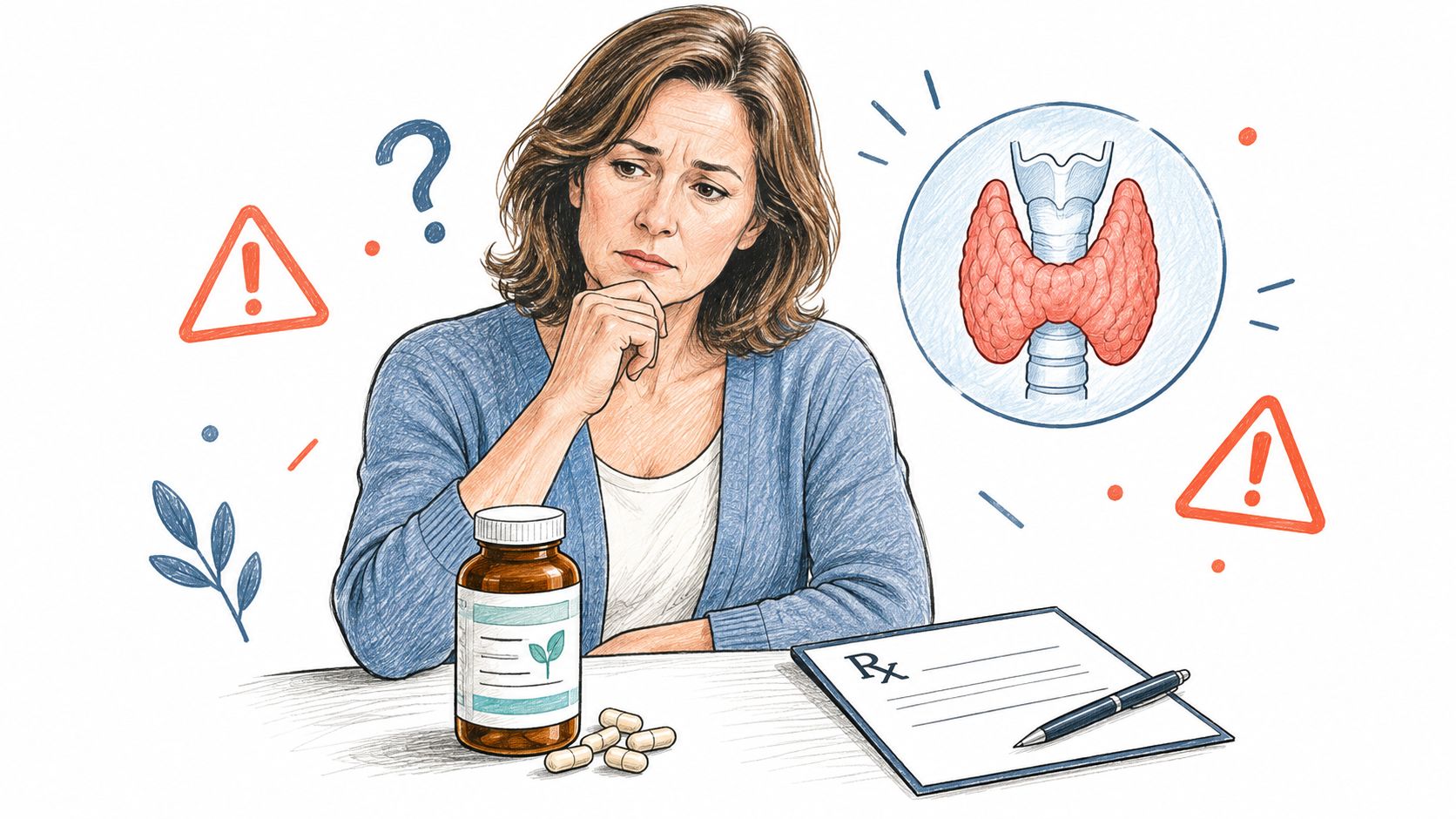 A concerned woman sitting at a table with medication, a prescription, and a diagram of the thyroid gland.