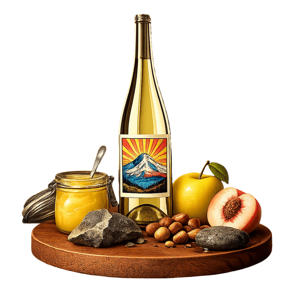 Artistic label and flavor profile for Oregon Chardonnay on a rustic wooden table.