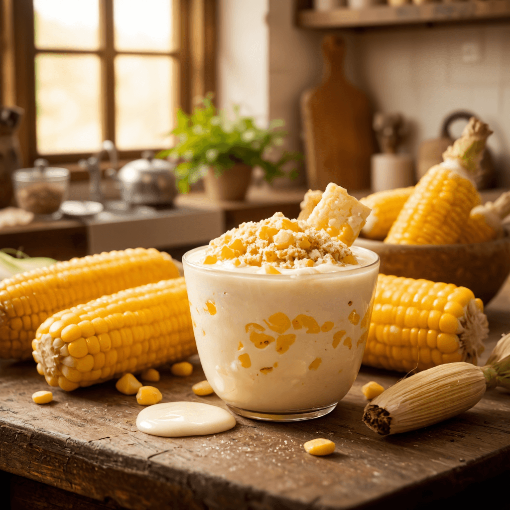product photography of a cup of corn dessert with cream and crumbled topping