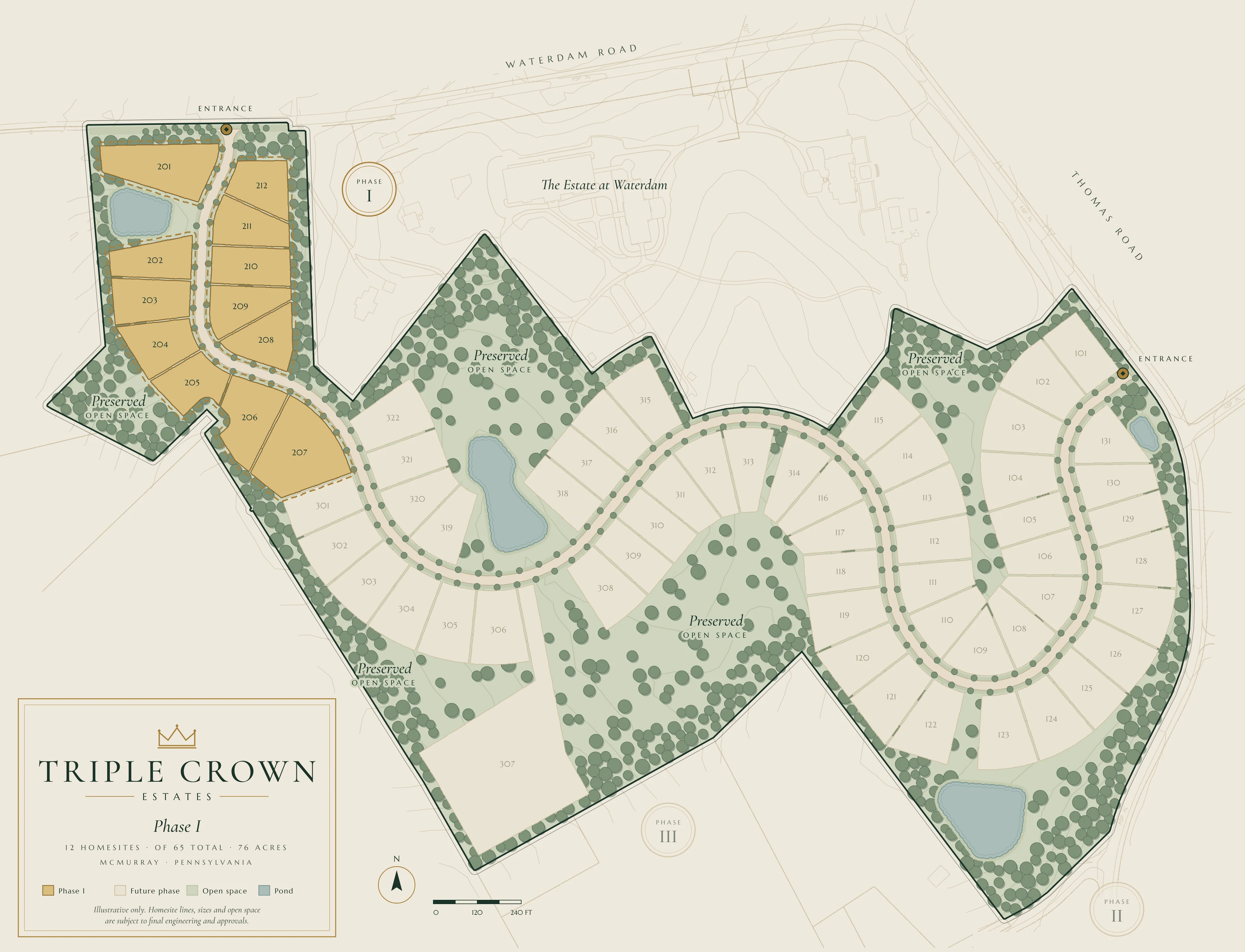 Triple Crown Estates Phase I map: 12 homesites off the Waterdam Road entrance