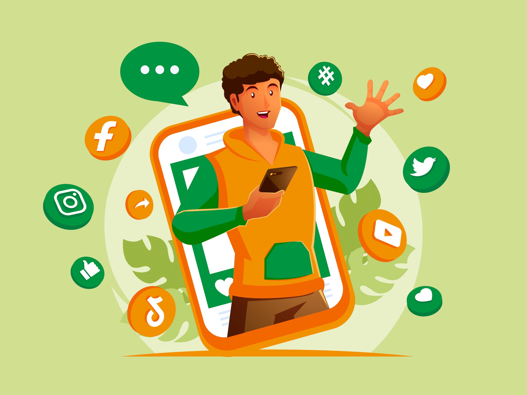 A man holding a smartphone, surrounded by various social media icons, symbolizing digital connectivity and communication.