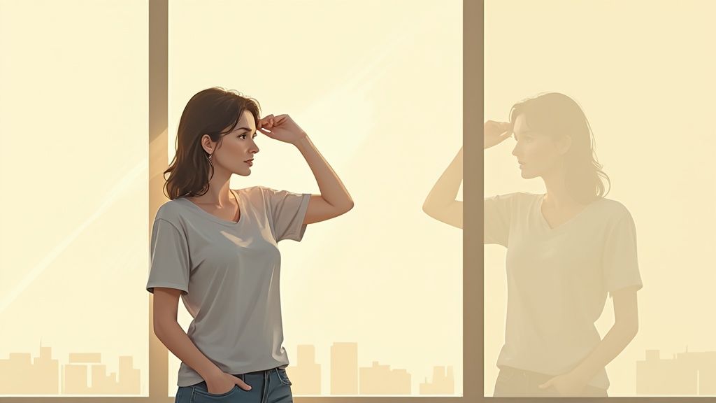 Eine Person, die ein Smartphone hält, um ein Selfie zu machen, wobei das Licht eines Fensters ihr Gesicht beleuchtet.