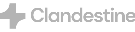 Clandestine logo, representing a company that offers a range of products, designed with a contemporary aesthetic.