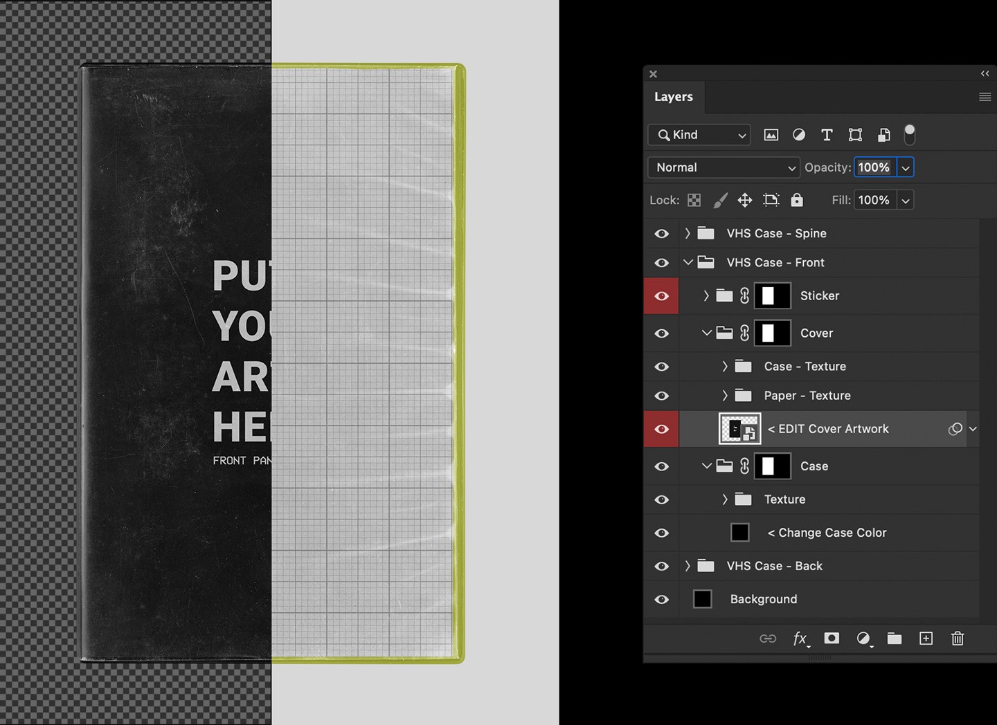 Vintage VHS cassette tape case mockup Photoshop layers and smart object editing