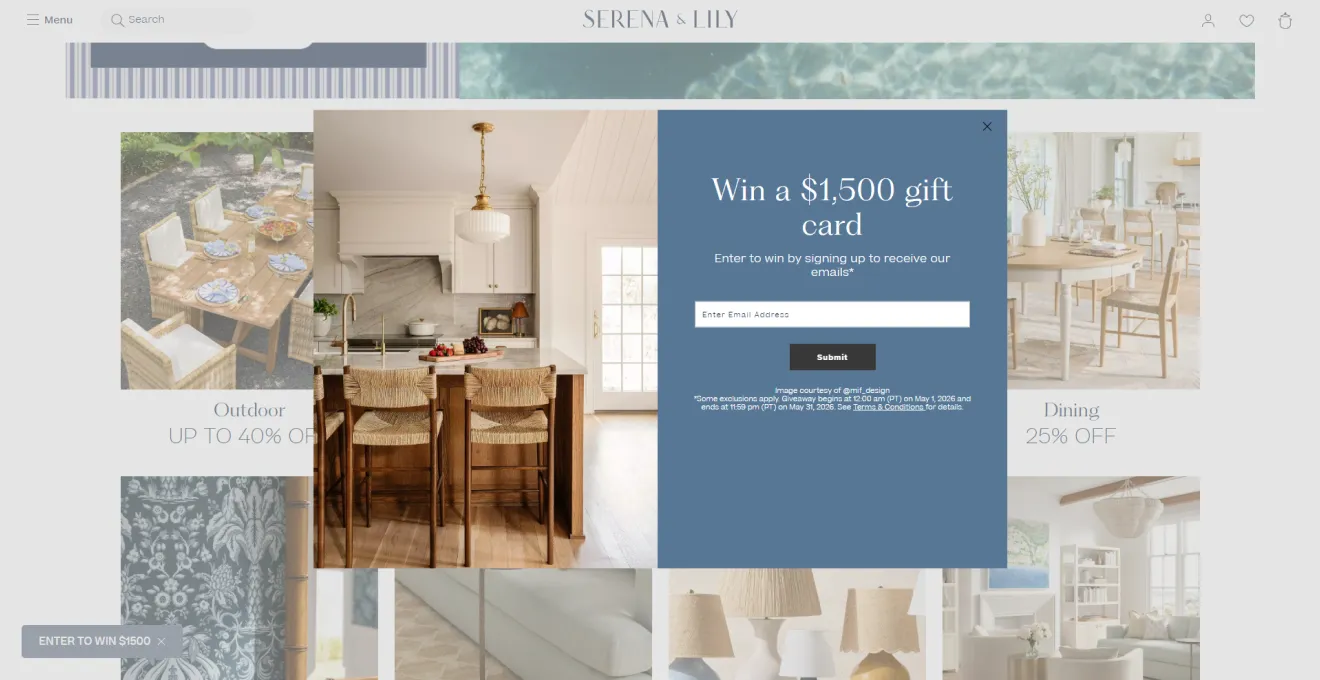 Serena & Lily welcome email popup featuring a split-screen design with a bright kitchen interior photo on the left offering a $1,500 gift card giveaway