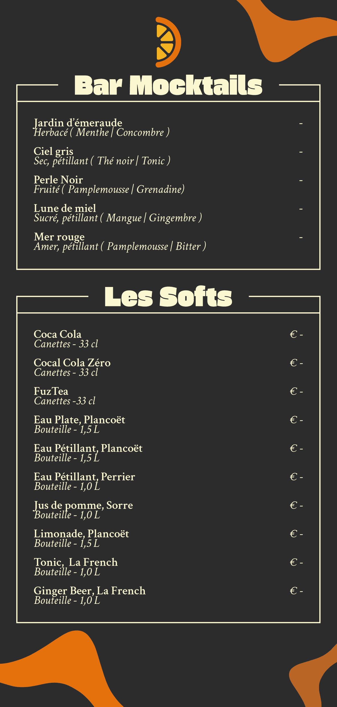 Carte des mocktails