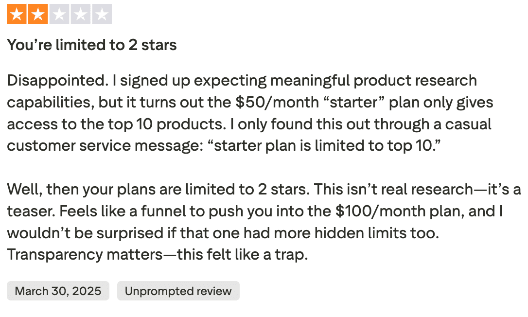 Two-star review criticizing the starter plan for limiting access to 10 products