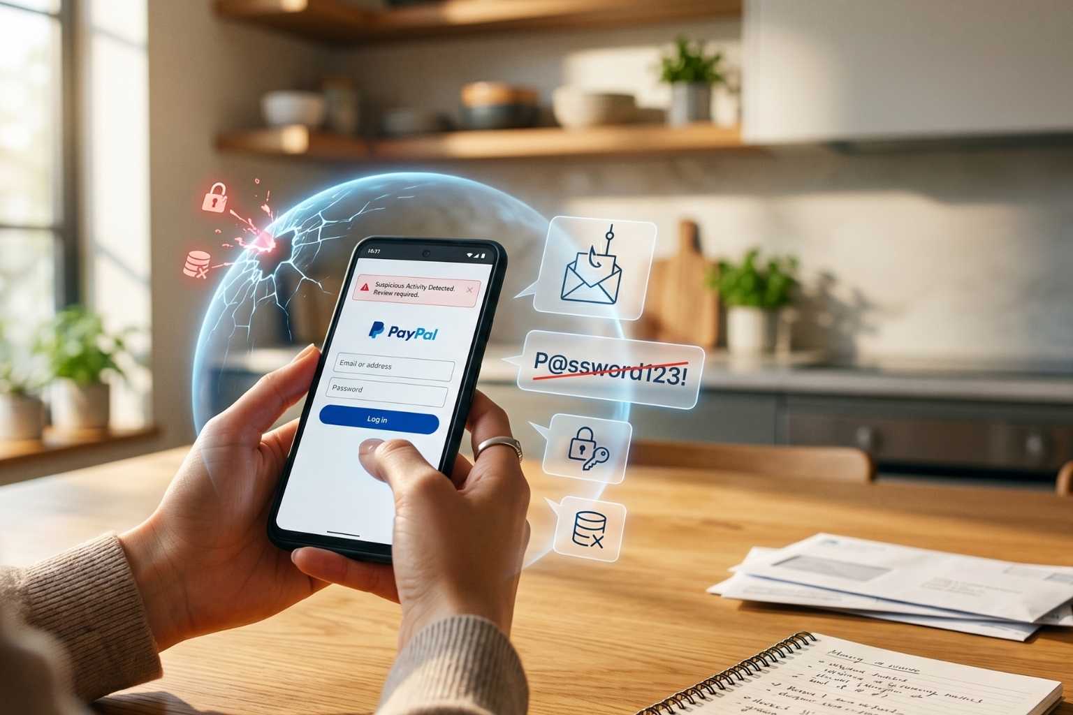 Smartphone displaying PayPal account alerts while floating warnings highlight unusual logins, suspicious payments, password changes, and unauthorized account access from multiple locations
