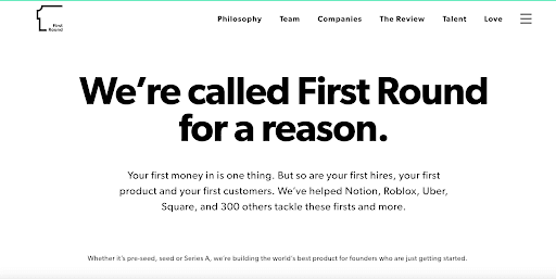 A screenshot from First Round's website, looking at the page that says "We're called First Round for a reason".