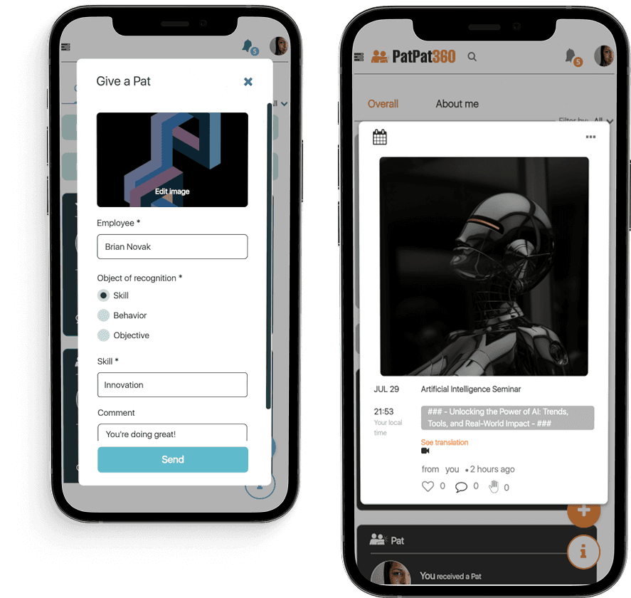 PatPat360 mobile app showing employee recognition and feedback features