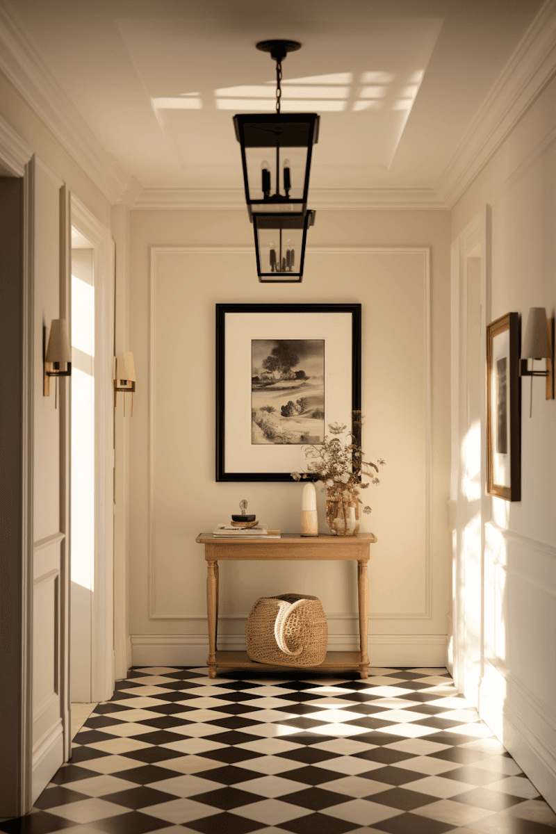 Sunlit classic foyer with checkerboard floor, lantern pendant, and oak console table