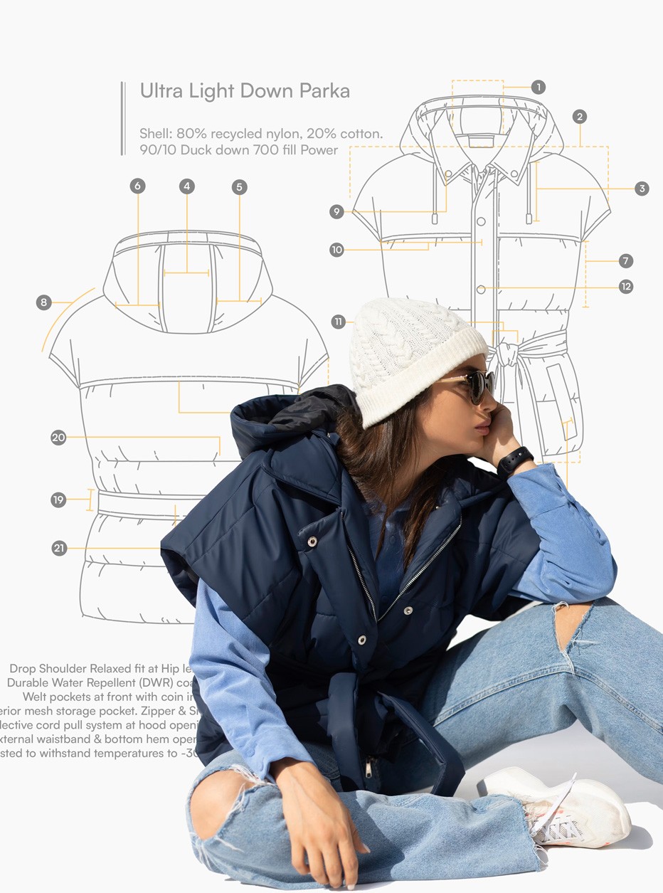 A women sitting wearing a down parka jacket with flat sketch of that garment on the background-An apparel manufacturing facility managed by Klothsource. 