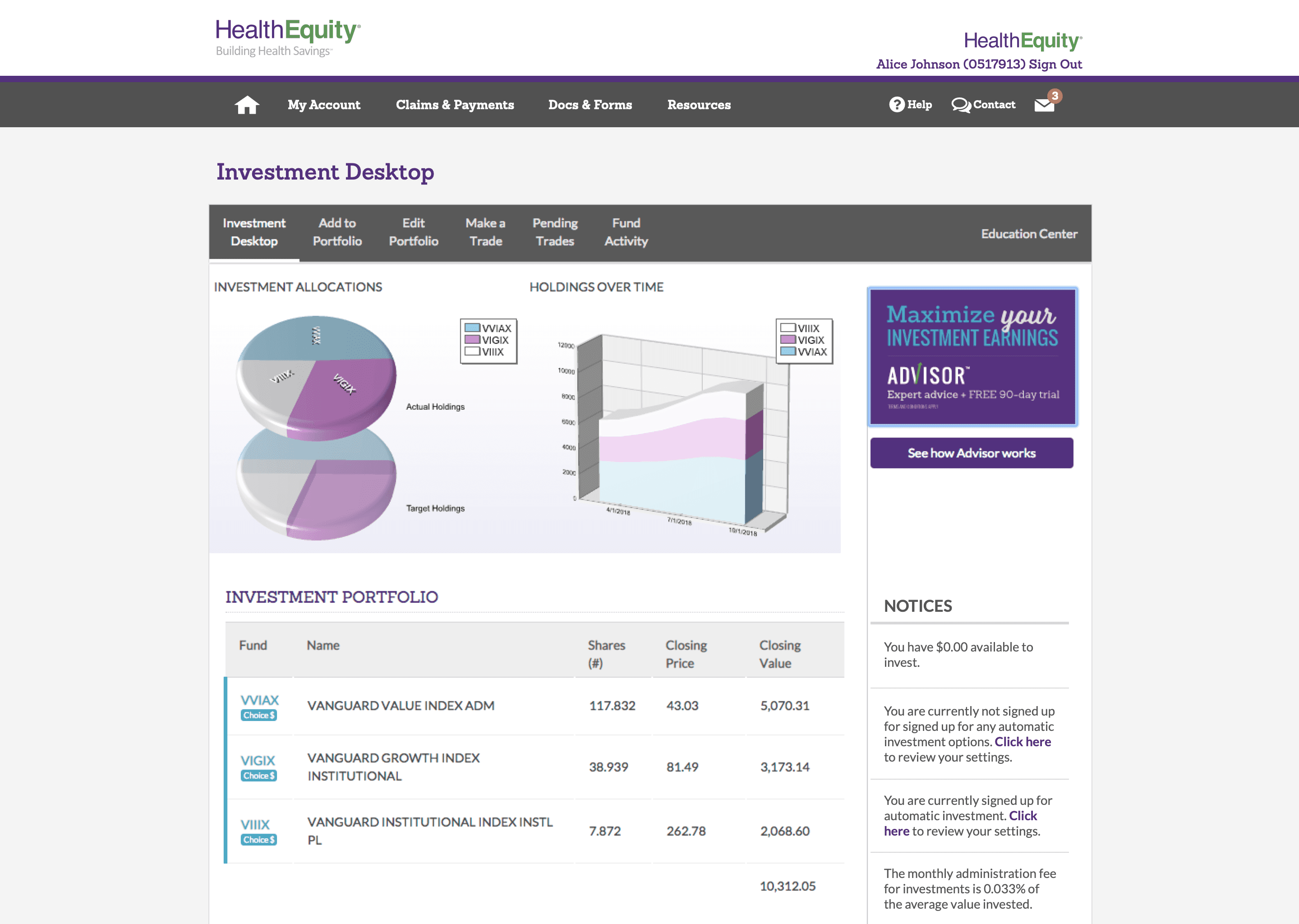 Screenshot of investment dashboard before redesign