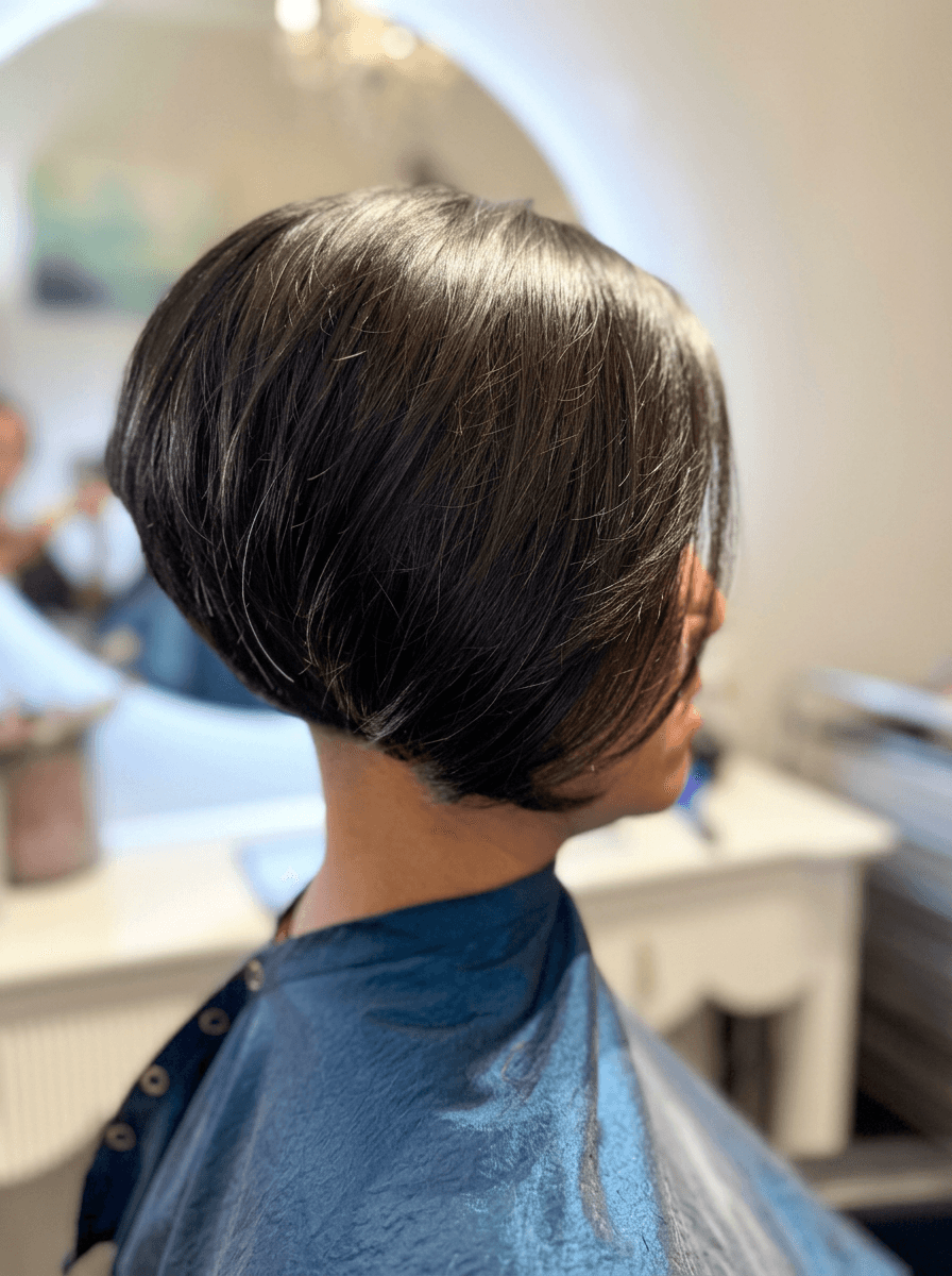Silky smooth straight blonde highlighted hair with a clean finish.