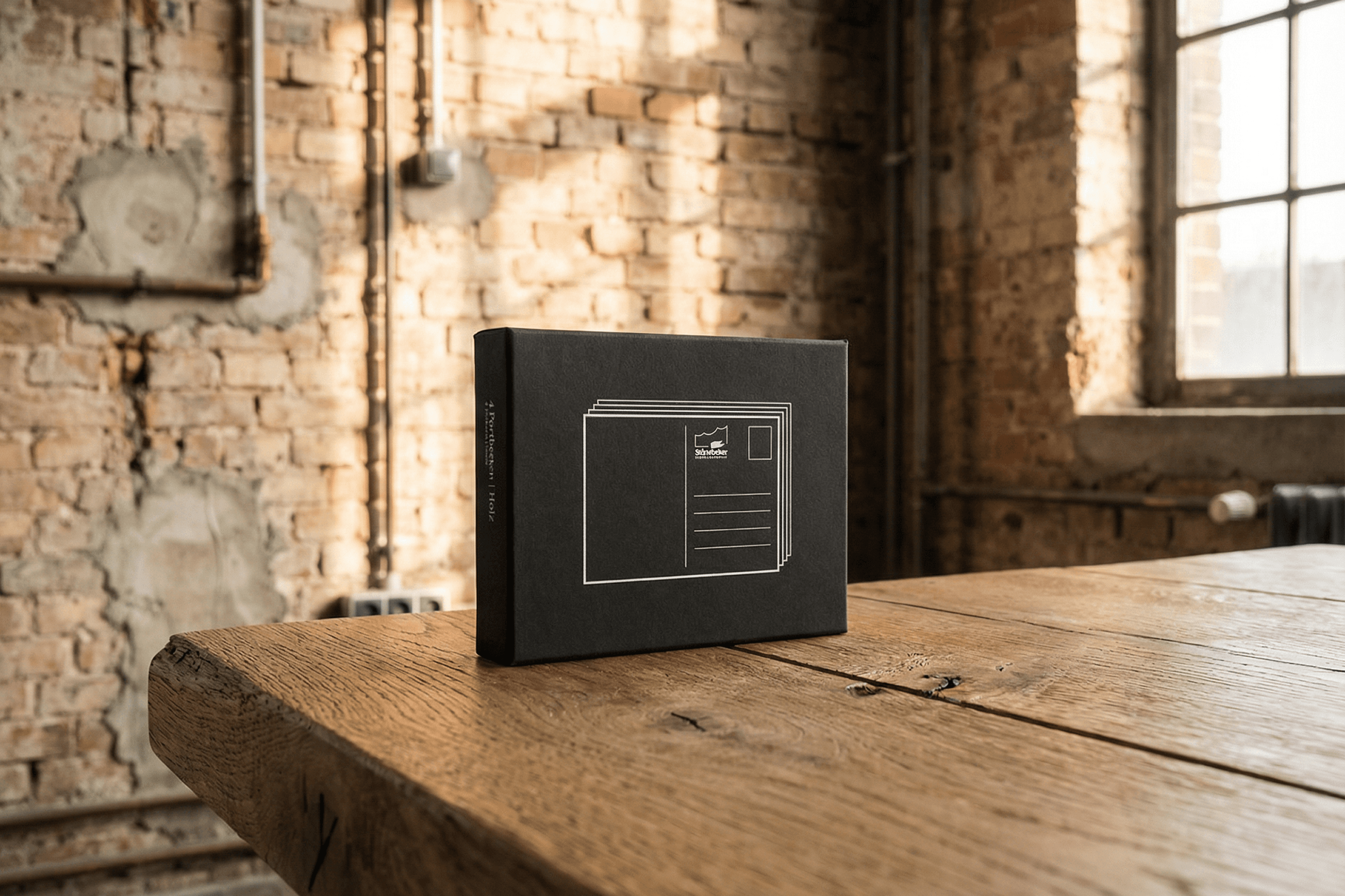 Black box with postcard illustration on table